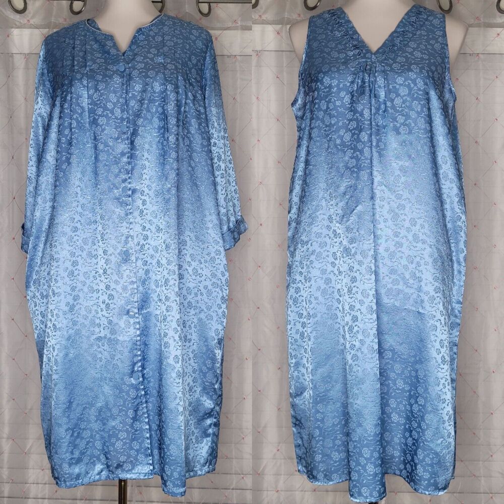 Vtg National Sz M Blue Floral Satin Burnout Peignoir Robe Nightgown Boudoir Set